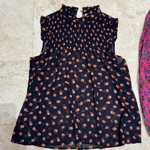 Maeve by Anthropologie Tank Top Navy, Orange, Yellow Polka Dots Ruched Sz. 6 med